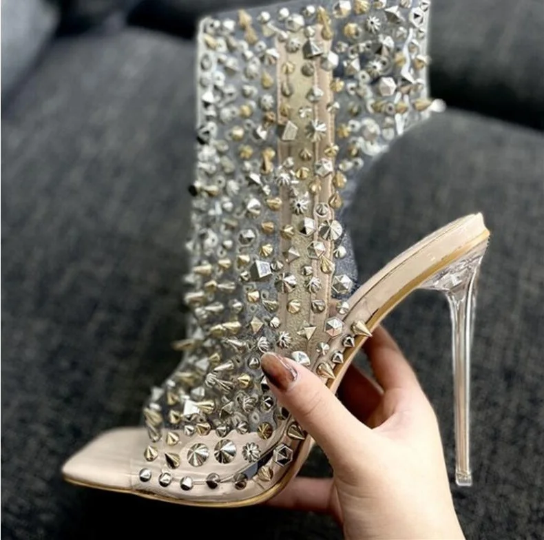 

Туфли-лодочки женские прозрачные с заклепками и квадратным носком