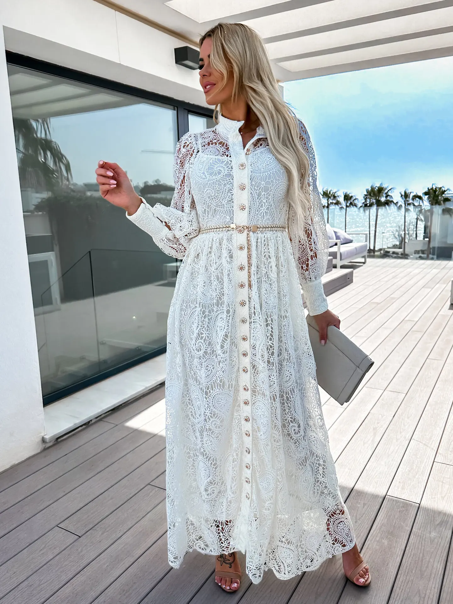 Women Chic Button Draped Pleated Maxi Dresses Fashion Elegant New Lace Embroidered Dress Spring Hollow Out Pattern Commute Dress