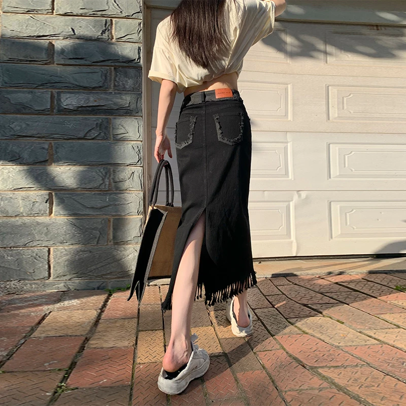 

Женская Комбинированная юбка с высокой талией, необработанная Женская юбка до середины икры в уличном стиле с разрезом