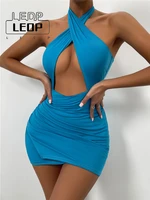 ledp summer sleeveless backless wrapped hip dress women mini bodycon dress solid color cross halterneck cutout dress