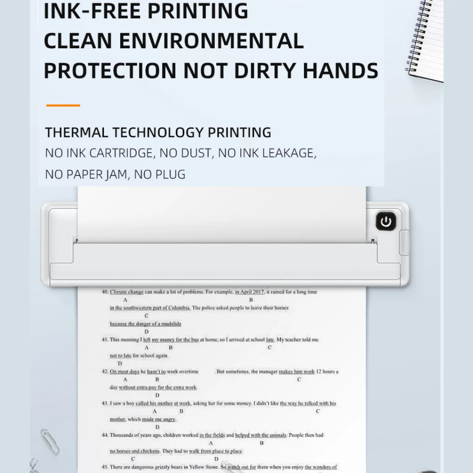 

Printer Thermal printer A4 paper Bluetooth compatible Portable Inkless wireless Thermal Paper Thermal printer easy to use