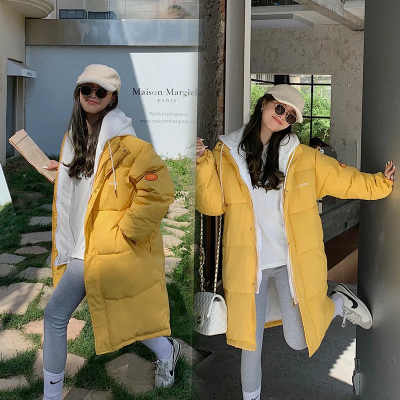 

Women Fake Two Pieces of Cotton Coat Winter New Padded Clothes Medium Long Loose Korean Hooded Jacket Thicker Warm Outerwear