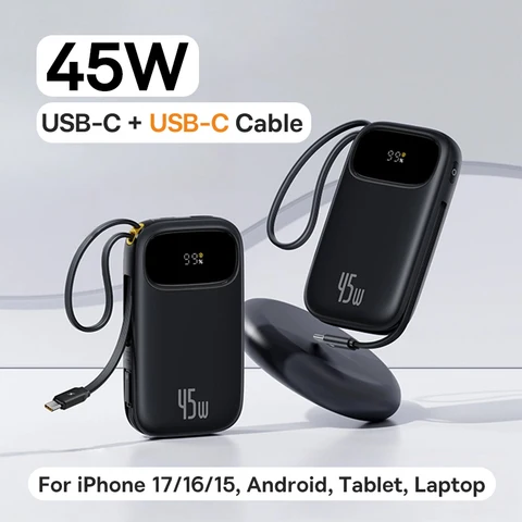 Power Bank Baseus 45 Вт, 20000 мАч, 10000 мАч, встроенный выдвижной кабель USB-C и Lightning для iPhone 17 16 15 Samsung S25 Xiaomi Poco
