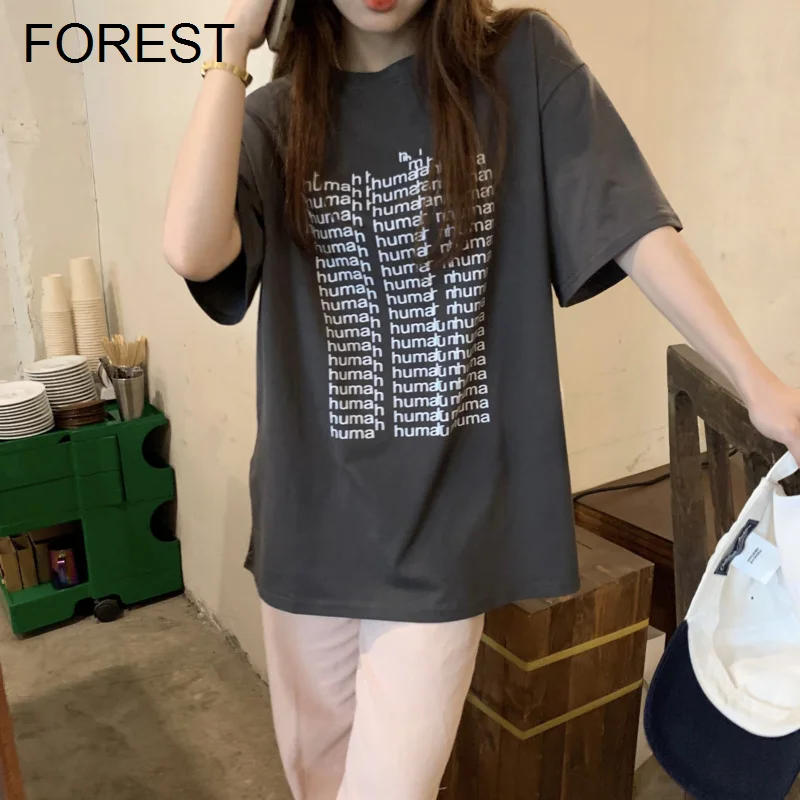 

Женская футболка с коротким рукавом, серая свободная футболка средней длины в стиле Харадзюку, лето 2022