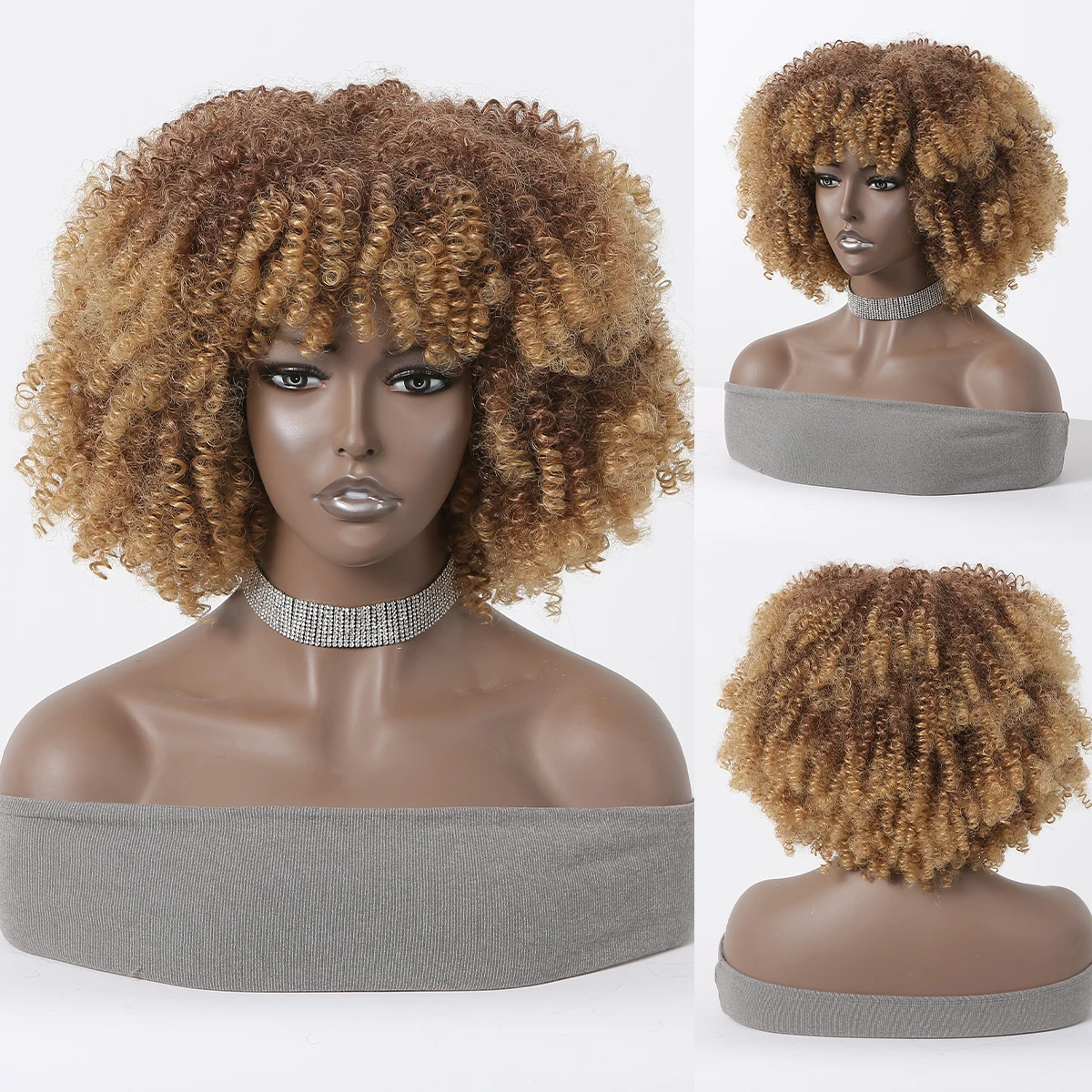 

Bomb Afro Curly Synthetic Wigs Short Brown Copper Golden Ombre Full Kinky Fiber Wig for Black Women Heat Resistant Cosplay Daily