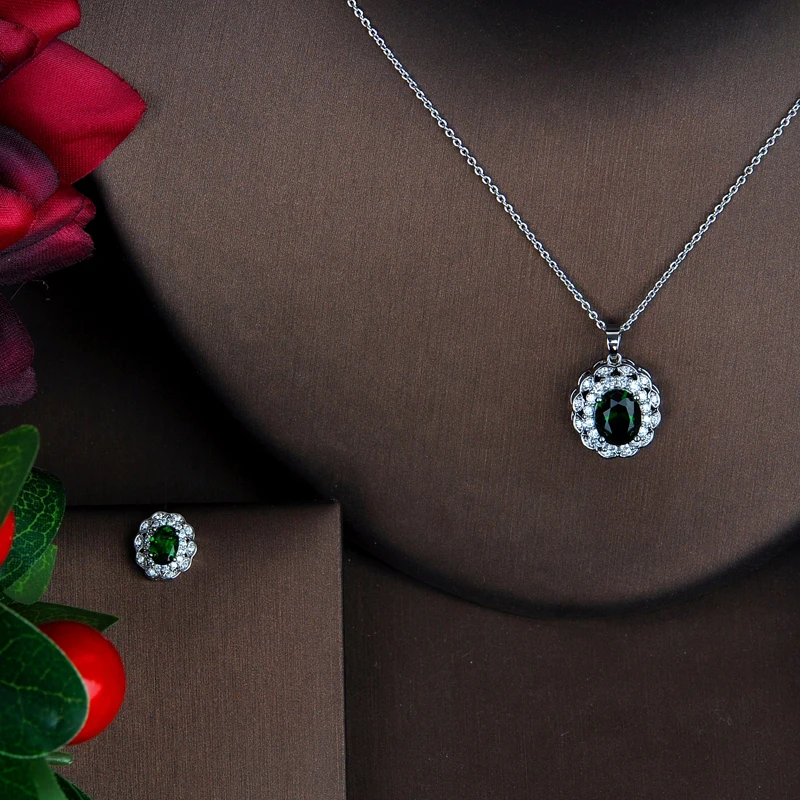 

Fashion New Arrival Cubic Zircon Wedding Jewelry Sets Green Color Oval Shape Women Party Girl Gift Full Jewelry Set N-549