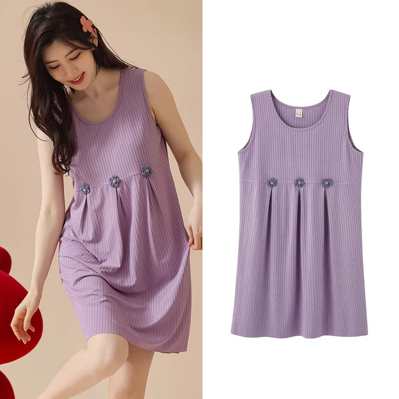 Fdfklak 100% Cotton Sleeveless Vest Dress Fresh Color Short Summer Nightdress Plus Size Lounge Wear Nightgowns Women M-5XL