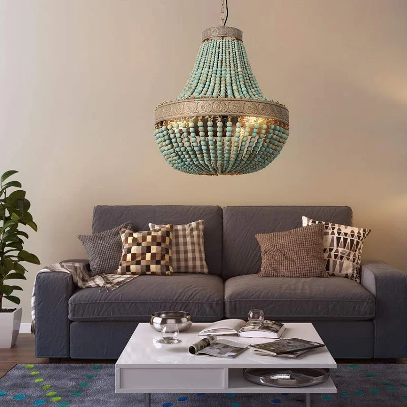 Современная люстра в стиле лофт ретро E27 синяя деревянная из бисера декор бохо