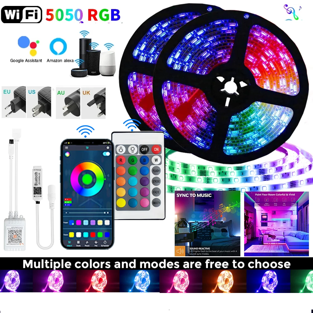 

5-30M DC12V Dimmable LED Strip Lights 5050 Bluetooth RGB Tape Flexible Waterproof Diode Room WIFI Controller Light 10 15 20meter