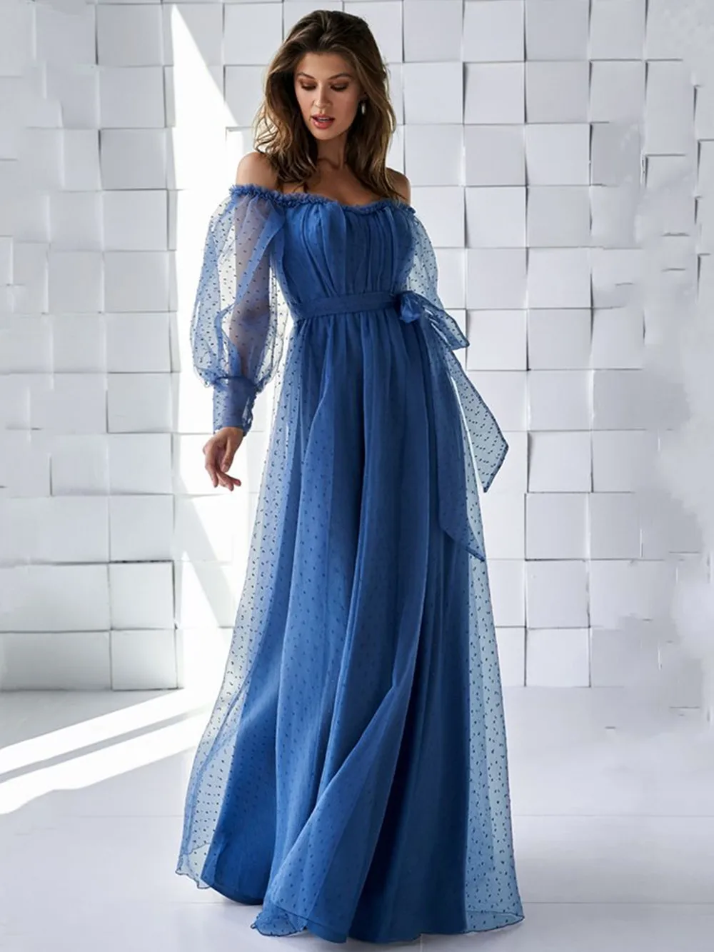 

Женское платье с пышными рукавами, элегантное темно-синее Тюлевое платье в горошек для выпускного вечера, ТРАПЕЦИЕВИДНОЕ вечернее платье с ...