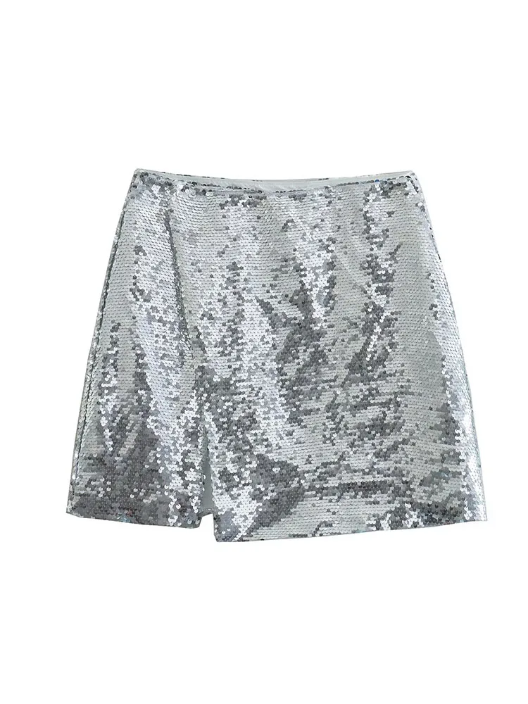 

Women 2023 New Chic Fashion Silver Paillette Vent Midi Skirts Vintage High Waist Female Skorts Mujer
