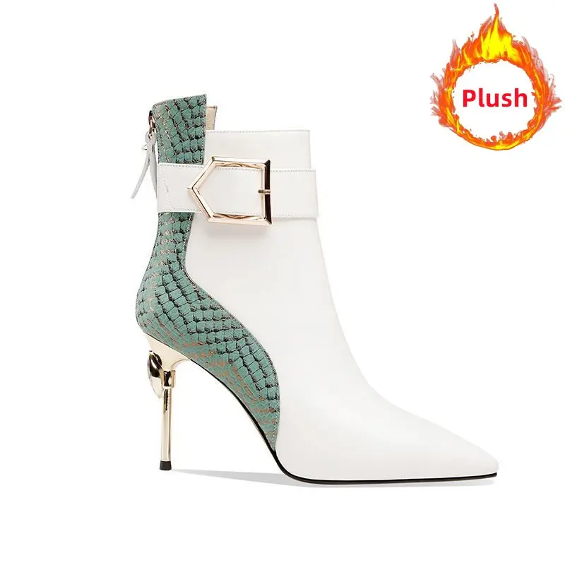 Winter Black Soft Leather Women's Boots Retro Belt Buckle Pointed Toe  Boots Side Zipper High Heels Shoes for Women Party