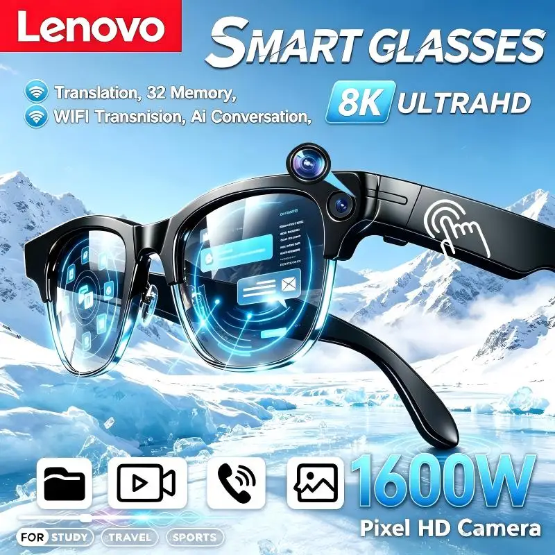 Фото Беспроводные умные очки Lenovo с ИИ, Bluetooth-пультом, 8K HD, для фото, звонков, музыки, спорта, солнцезащитные очки для мужчин и женщин, подарки для отдыха №2