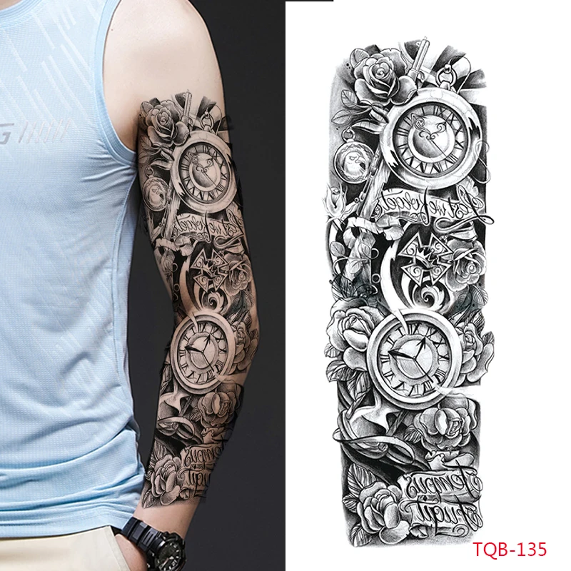 

Рукав на руку, временная татуировка, водонепроницаемая Мужская и женская картина тела, часы на всю руку, роза, наклейка с имитацией татуировки