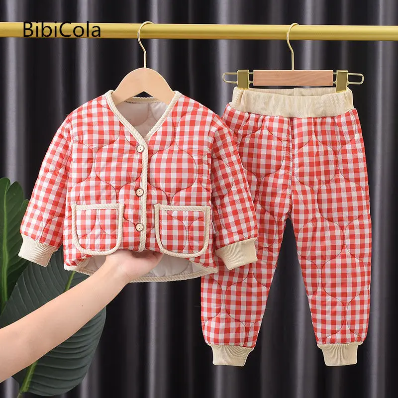 

Autumn and winter children thickened cotton padded suit boys and girls cotton padded suit cotton trousers suit 2piece household