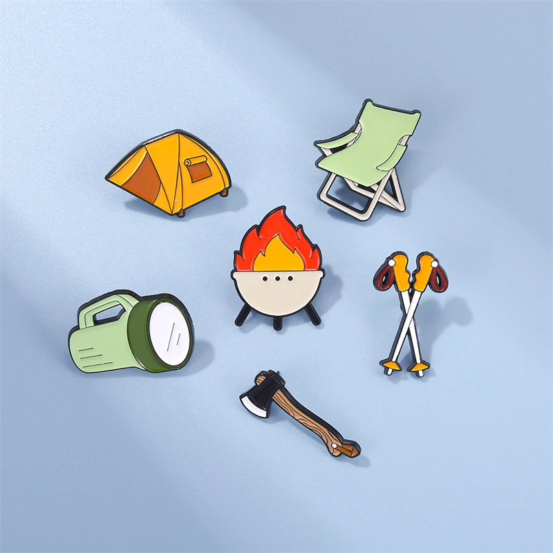 

Go Camping Enamel Pins Custom Tent Trekking Poles Bonfire Flashlight Brooches Lapel Badges Adventure Jewelry Gift For Friends