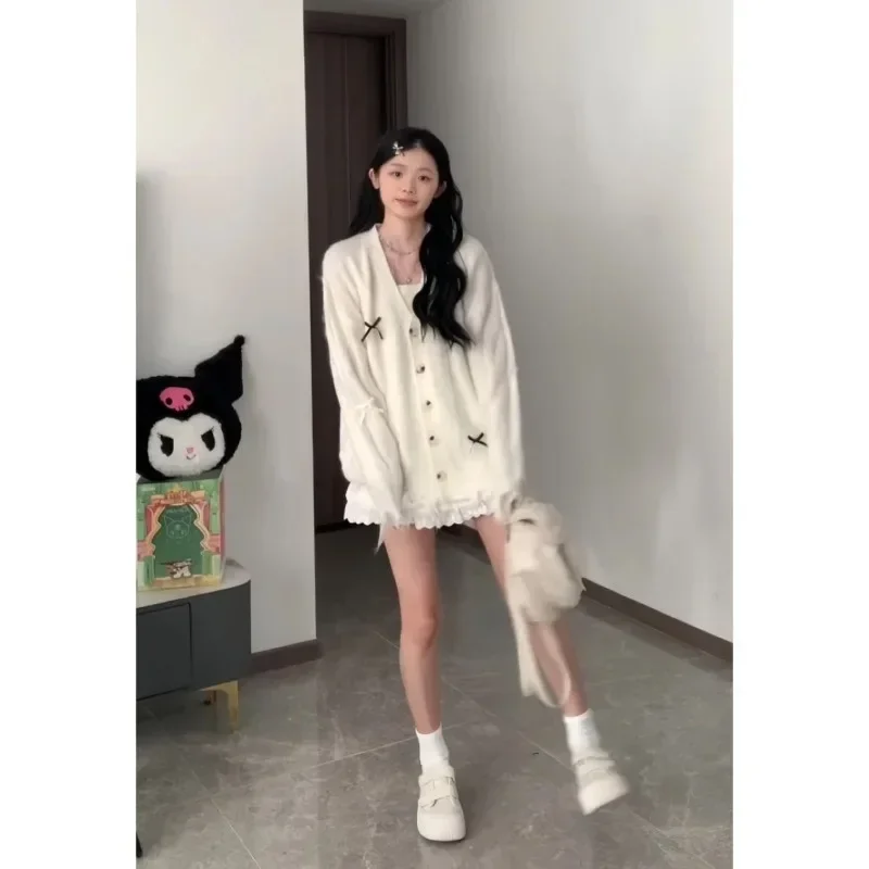 Sweet Cardigan Long Sleeve Y2k V Neck Knitted Coats Mid Length Tops Japanese Preppy Style Bow Sweaters Women Casual