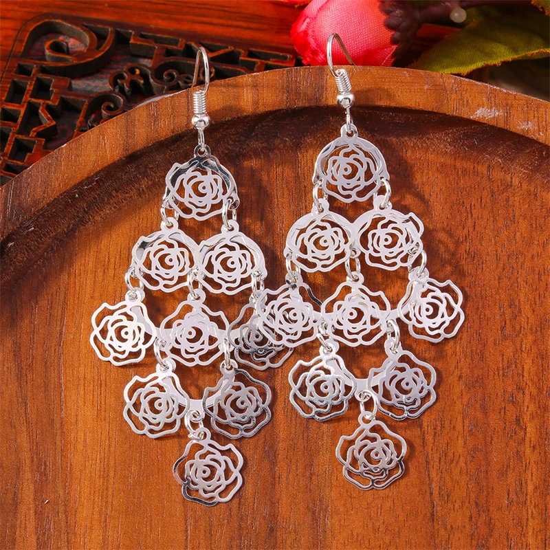 Богемные серьги-подвески из серебряного сплава с полыми цветами и кисточками для