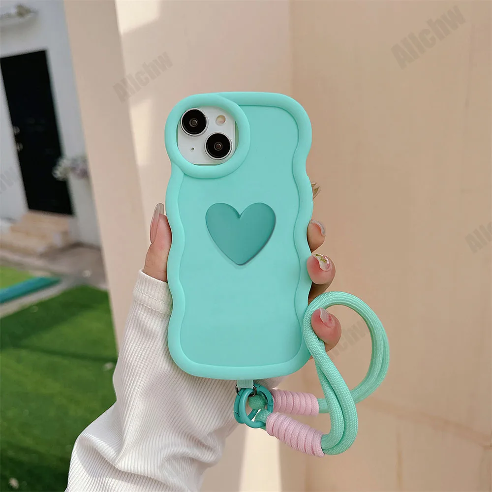 On Huawei Magic 5 6 Lite 9X Y9S Honor X6 X7 X8 X6A X7A X8A X9A X7B X8B X9B 90 With Lanyard 3D Love Heart Wavy Silicone Case