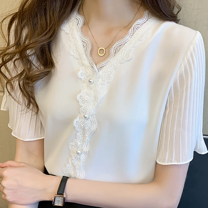 

Blouses Femme White Blouse Short Sleeve Blouse Women 2022 Lace V-Neck Chiffon Blouse Shirt Tops summer shirts for women