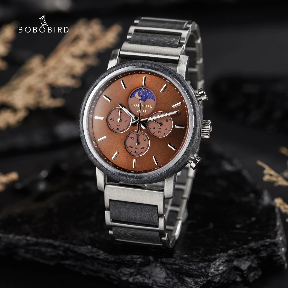BOBO BIRD Top Luxury Wooden Watch Multifunctional Chronometer Dial Luminous Pointer Men's Wrist Watch Solid Wood Watchband