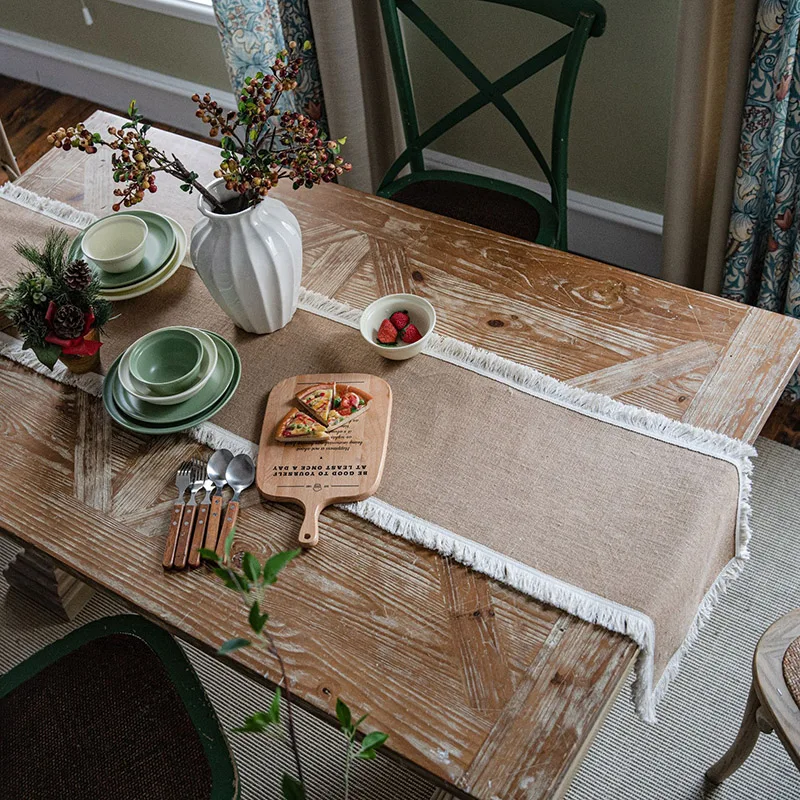 

Natural Jute Braided Table Runner American Style Table Runners With Tassel Tablecloth Dining Party Wedding Table Decoration