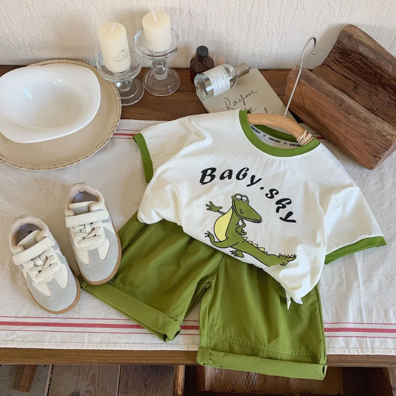 

2023 Summer boys clothes set cartoon dinosaur outfits contrast color short sleeve Tee and wide leg pants 2Pcs Kids suit