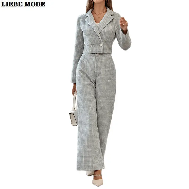 

Womens Elegant Plaid Suits Blazer with Pants Office Lady Short Jacket Coat and Wide Leg Trouser Suit Autumn Winter 2 Piece Set