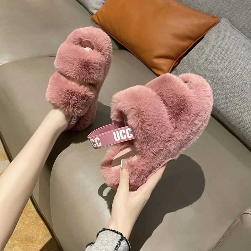 

Women's Slippers 2022 Spring and Autumn Girl Fluffy Slippers Ladies Indoor Warm Furry Flops Women Plush Slides of Sandals Women