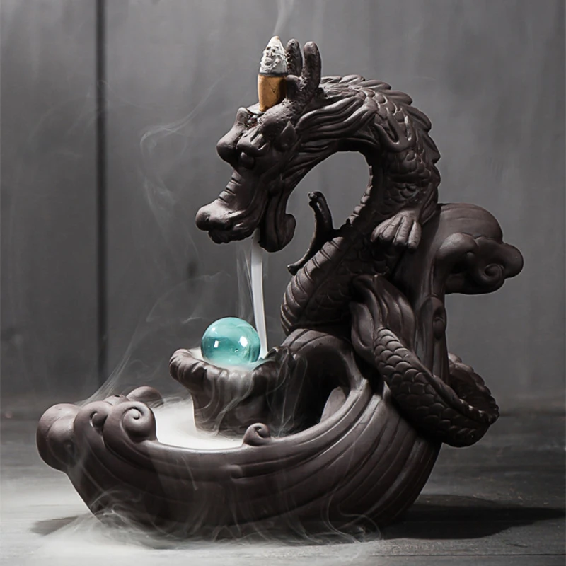 

Ceramic Dragon Backflow Incense Burner Creative Home Decor Dragon's Burner Censer with Lucky Crystal Ball Incense Burner