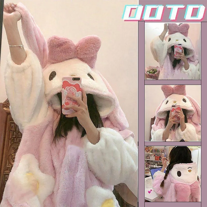 

Cartoon Mymelody Night-Robe Plush and Thick Pajamas Sanrio Kawaii Winter 2022 New Girl Rabbit Hooded Coral Velvet Pajama Woman