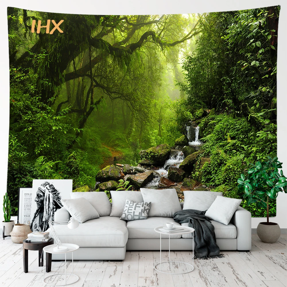 

Настенная подвеска в виде леса, бохо, хиппи, декор для комнаты, природный ландшафт, большой настенный гобелен, эстетическое украшение для спальни, дома