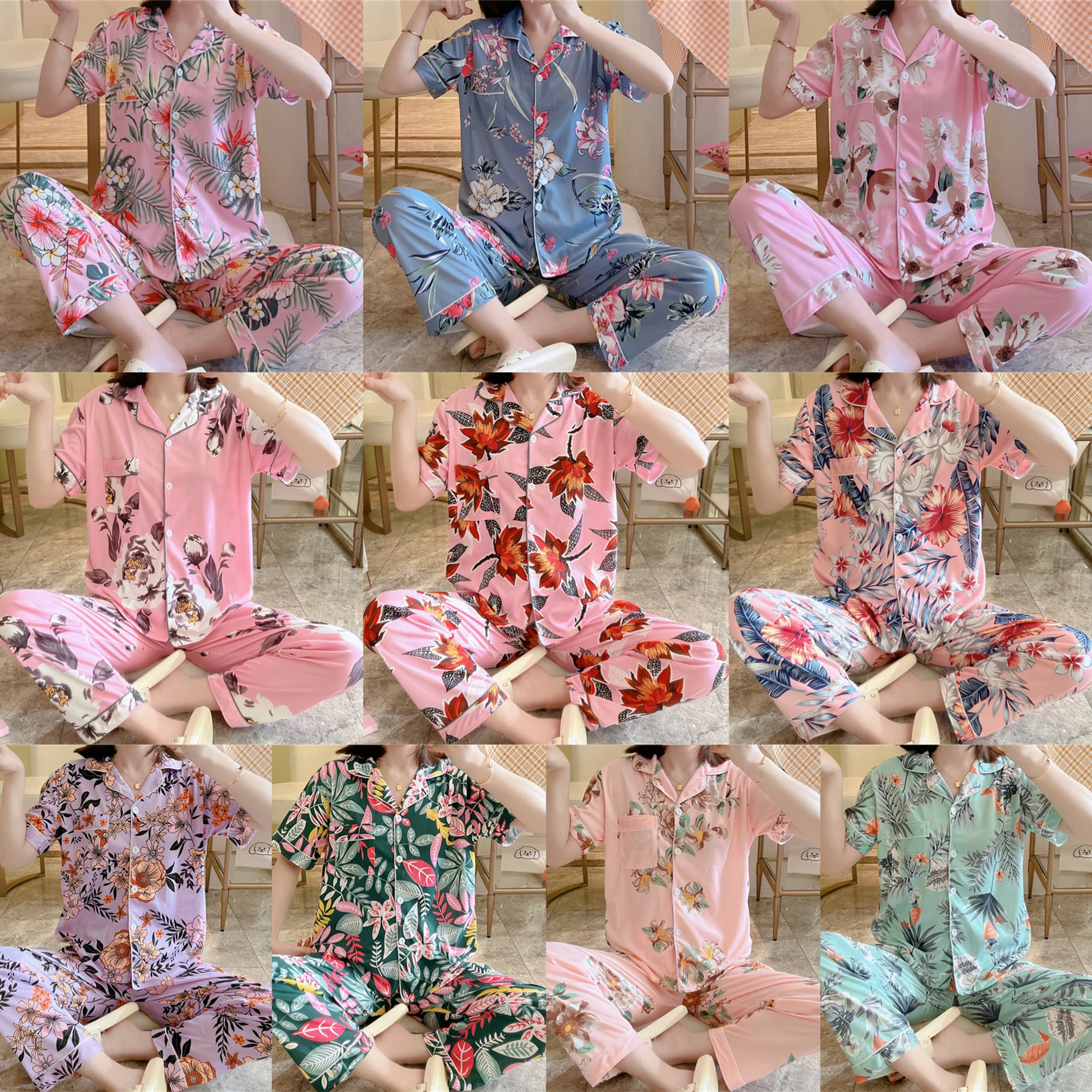 Summer Cotton Pajamas Women's Floral Print Short-sleeved Trousers Cardigan Sweet Casual Loose Luxury Home Wear Pj Sets for Women