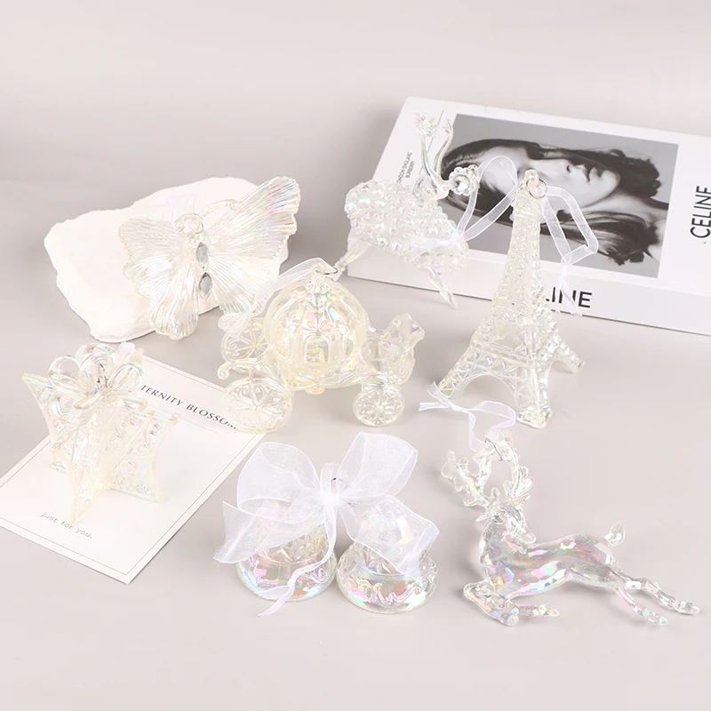 

1Pc Christmas Decoration Acrylic Crystal Carriage Bells Elk Butterfly Christmas Tree Ornament DIY Xmas Party Home Decor Pendants