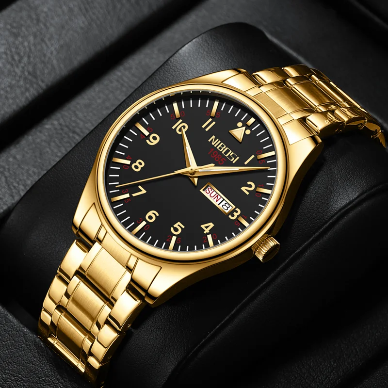 

NIBOSI Men Watch Stainless Steel Top Quailty Luxury Push Button Hidden Clasp Waterproof Luminous Date Week Sport Wrist Watches