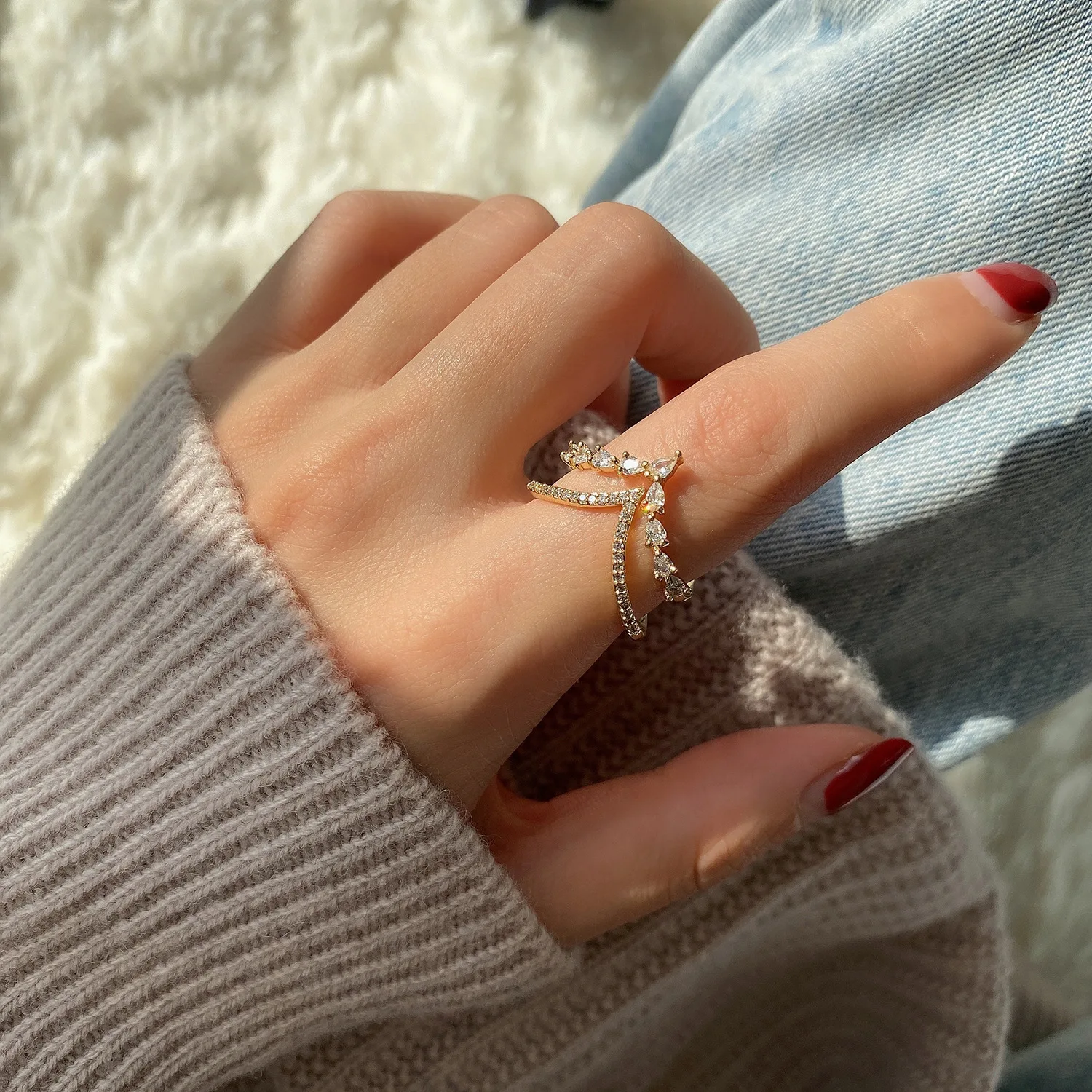 

925 Sterling Silver Ring Double V Shape Adjustable Party Fine Luxury Jewelry For Women Yellow Gold Plated Wedding Accessories