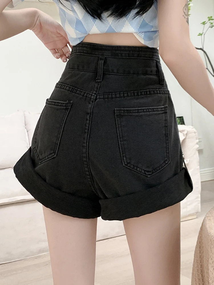New Spring Summer Women Retro Elastic Waist Loose Blue Denim Shorts Casual Female Wide Leg Jeans Shorts Ladies Bottoms