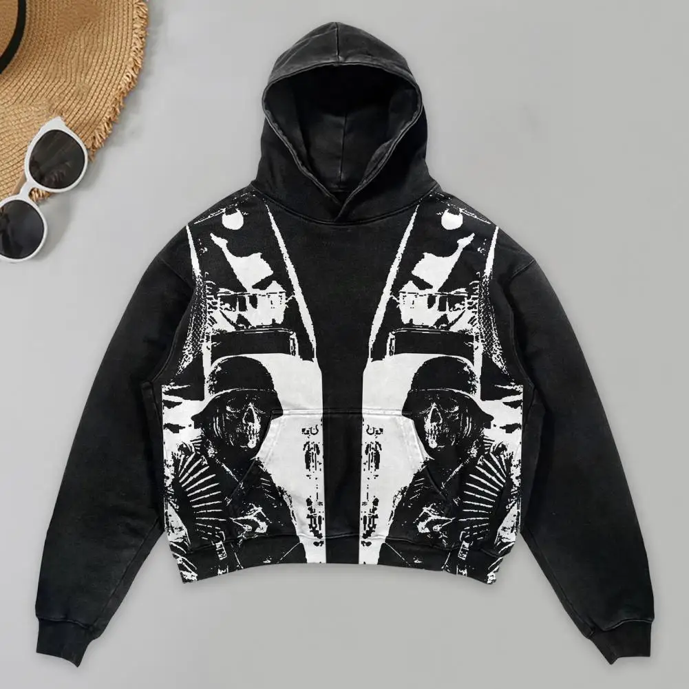 

Street-chic Men Sweatshirt Streetwear Skull Print Hoodie Retro Fashion for Men with Loose Fit Trendy Look Retro Style Hooded