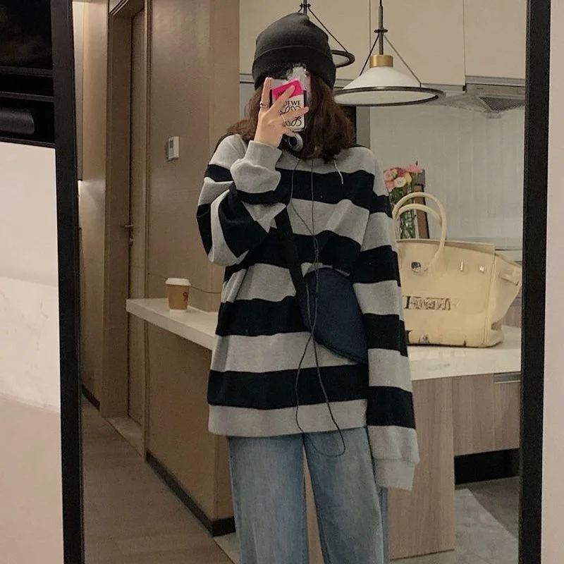 Корейские толстовки Женские винтажные свитшоты в полоску повседневные Пуловеры