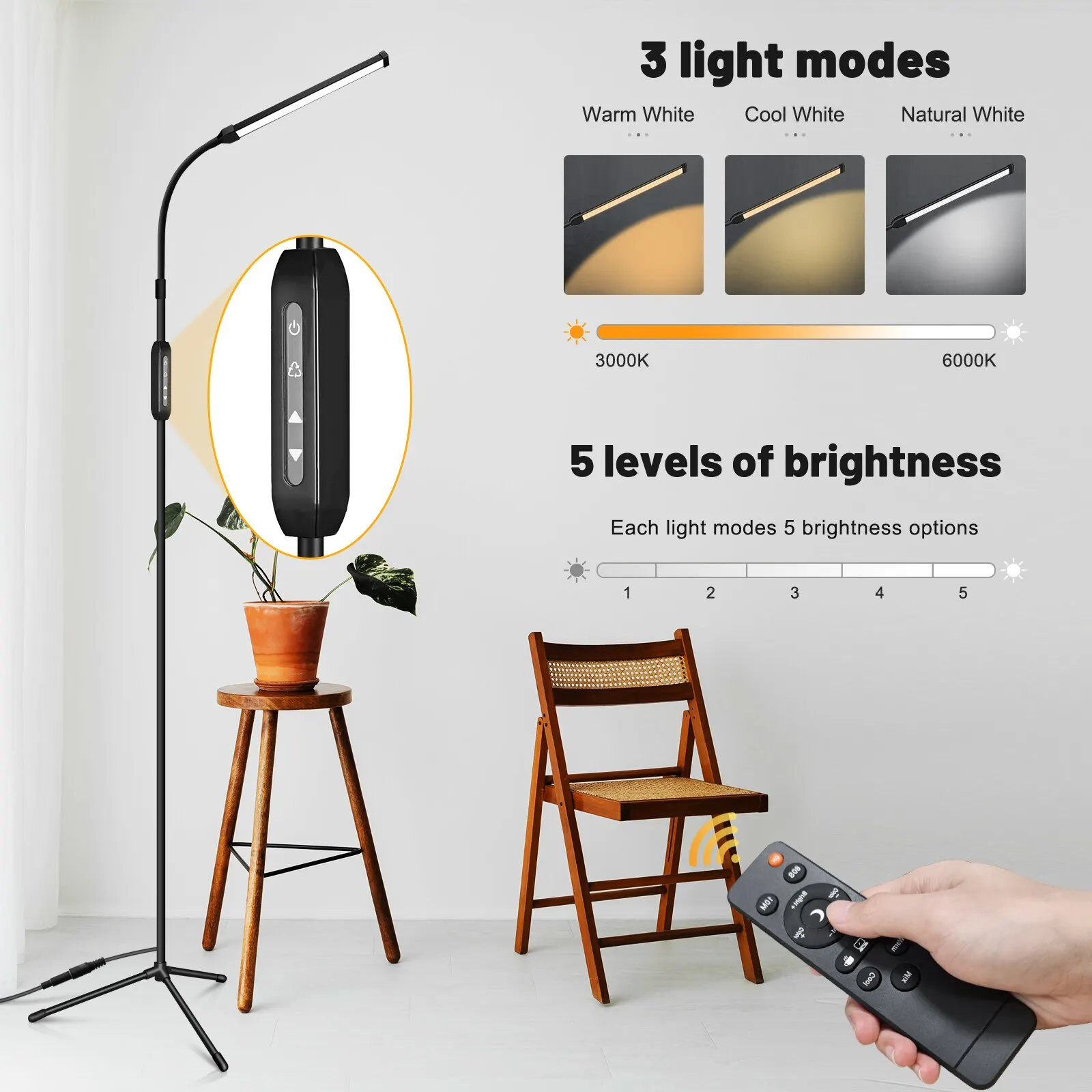 

Remote control LED Floor Lamp For Indoor Study Lighting Adjustable Stand Gooseneck Dimmer Reading Light Fill Living Room Lamps