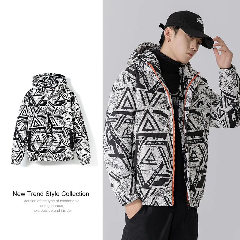 

2023 Winter New Couple Windproof Printed Hooded Jacket White Duck Down Jacket High Street Harajuku Men's Clothing Free Shipping