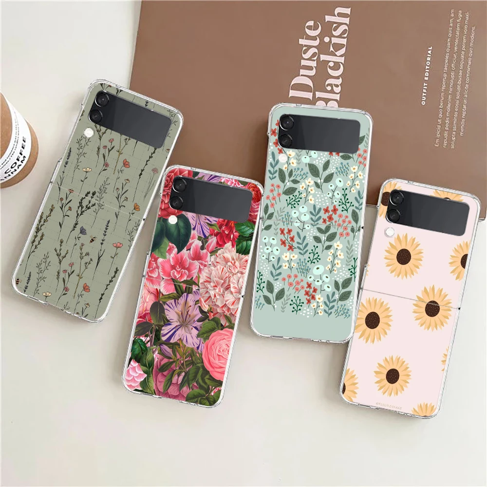 

Floral Flower For Samsung Galaxy Z flip 4 Bag Transparent Phone Cover For Galaxy Z Flip 3 Case Shockproof Hard PC Shell Fundas