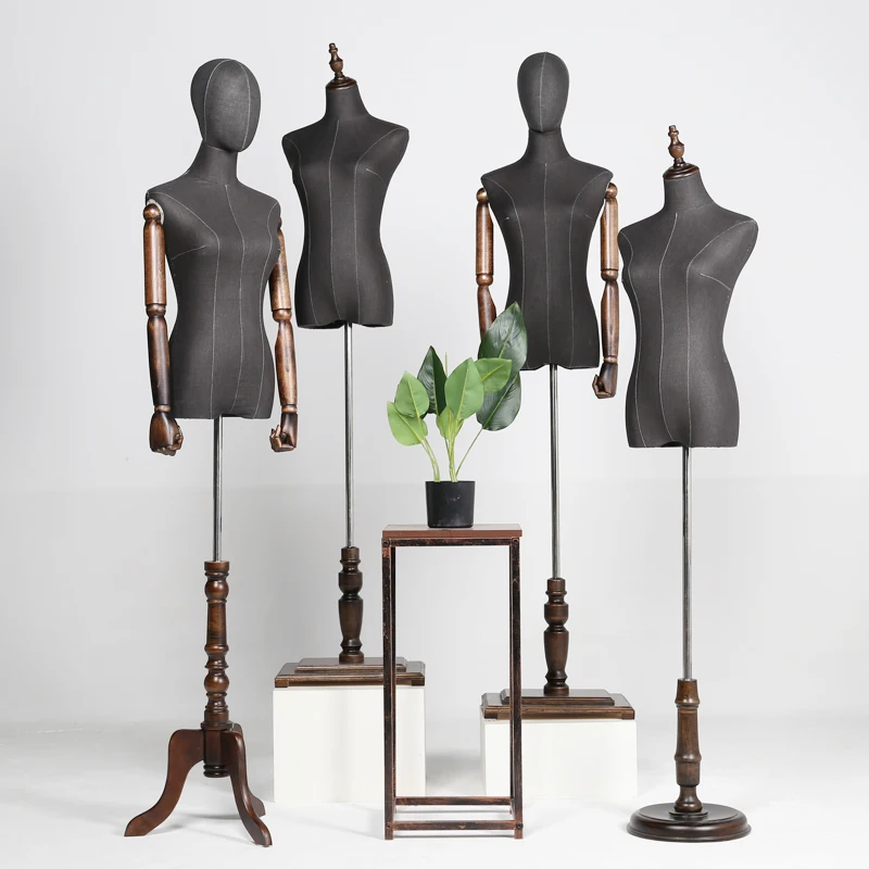 Wood Arm Black Fabric Cover Female Half-Body Mannequin with European Base Stand for Wedding Display Women Model