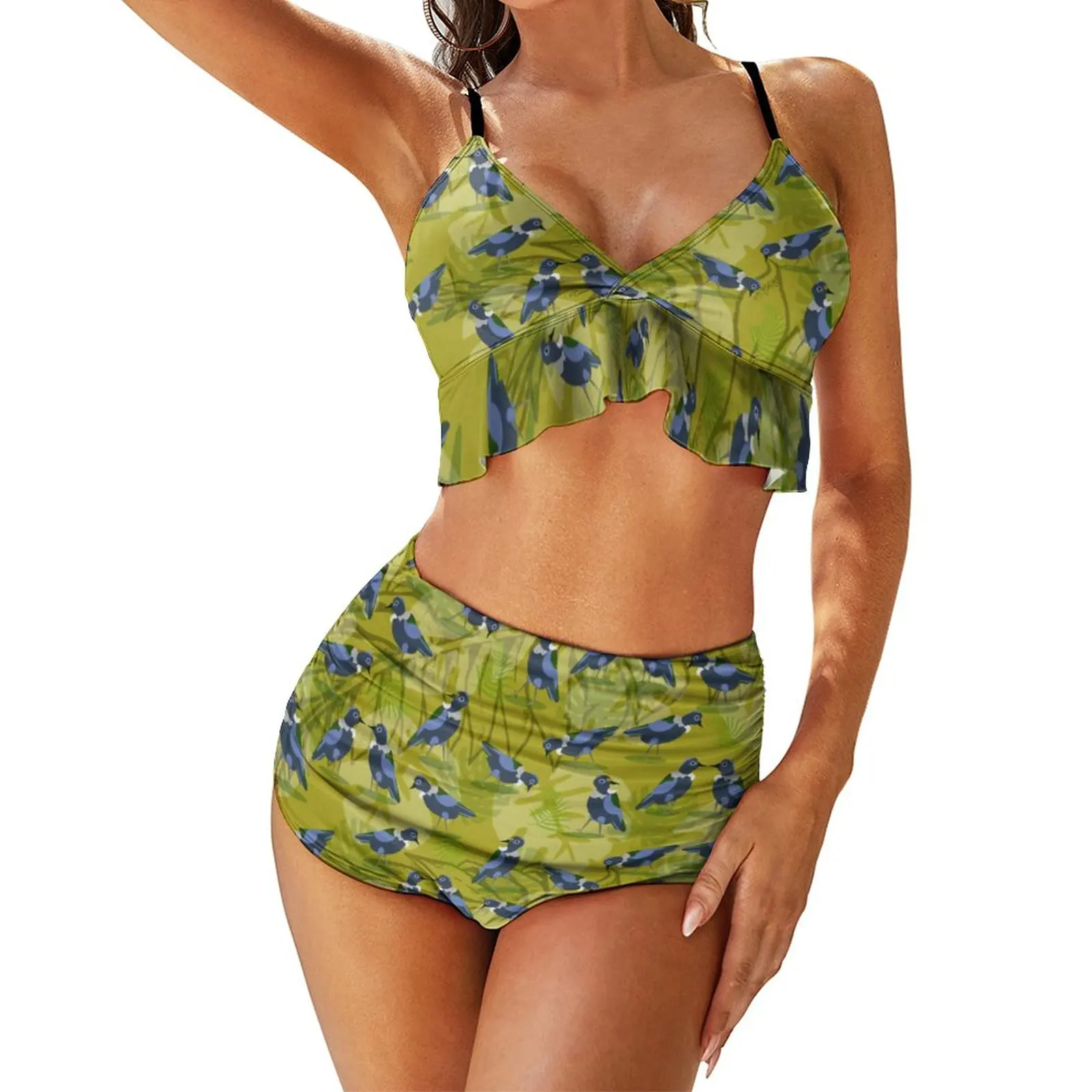 

Vintage Birds Print Bikini Swimsuit Sexy Green Leaves Bikinis Set Women Two Piece Swimwear Surf Graphic Swimsuits Beach Outfits