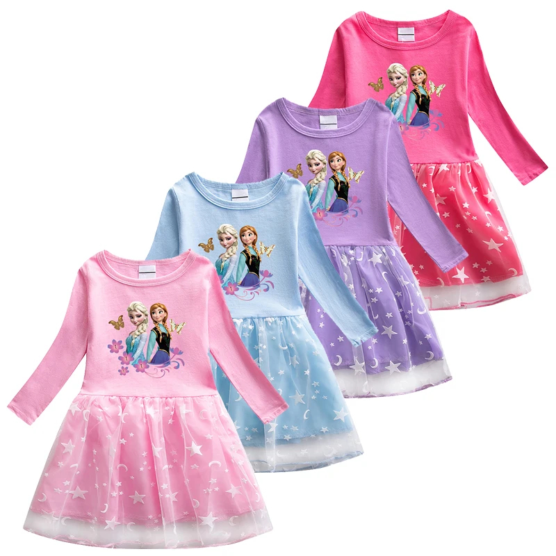 

Girls Disney Princess Dress Elsa Anna Dresses Spring Autumn 2-8Y Kids Cartoon Long Sleeve Lace Vestido Children Frozen Clothes