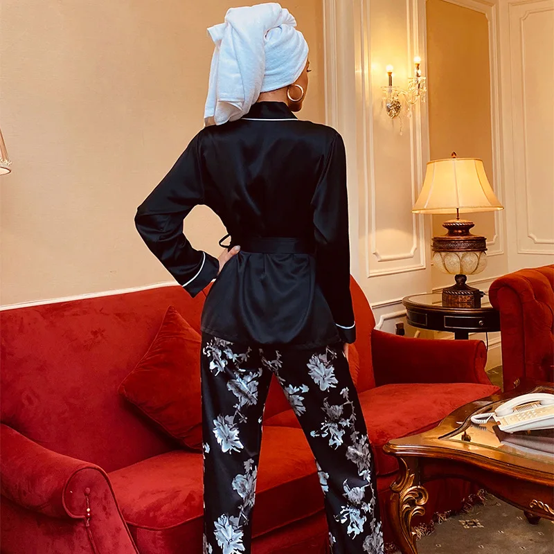 Women Two Piece Outfits Silk Satin Pyjamas Set Sleepwear Homewear For Autumn Winter Long Sleeves Nightwear Nightgown Set