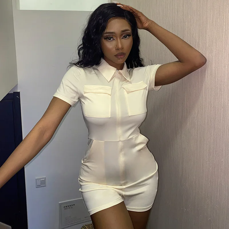 

Однотонные женские летние облегающие комбинезоны LEOSD с отложным воротником, модель Y2K комбинезон с карманом, женская одежда