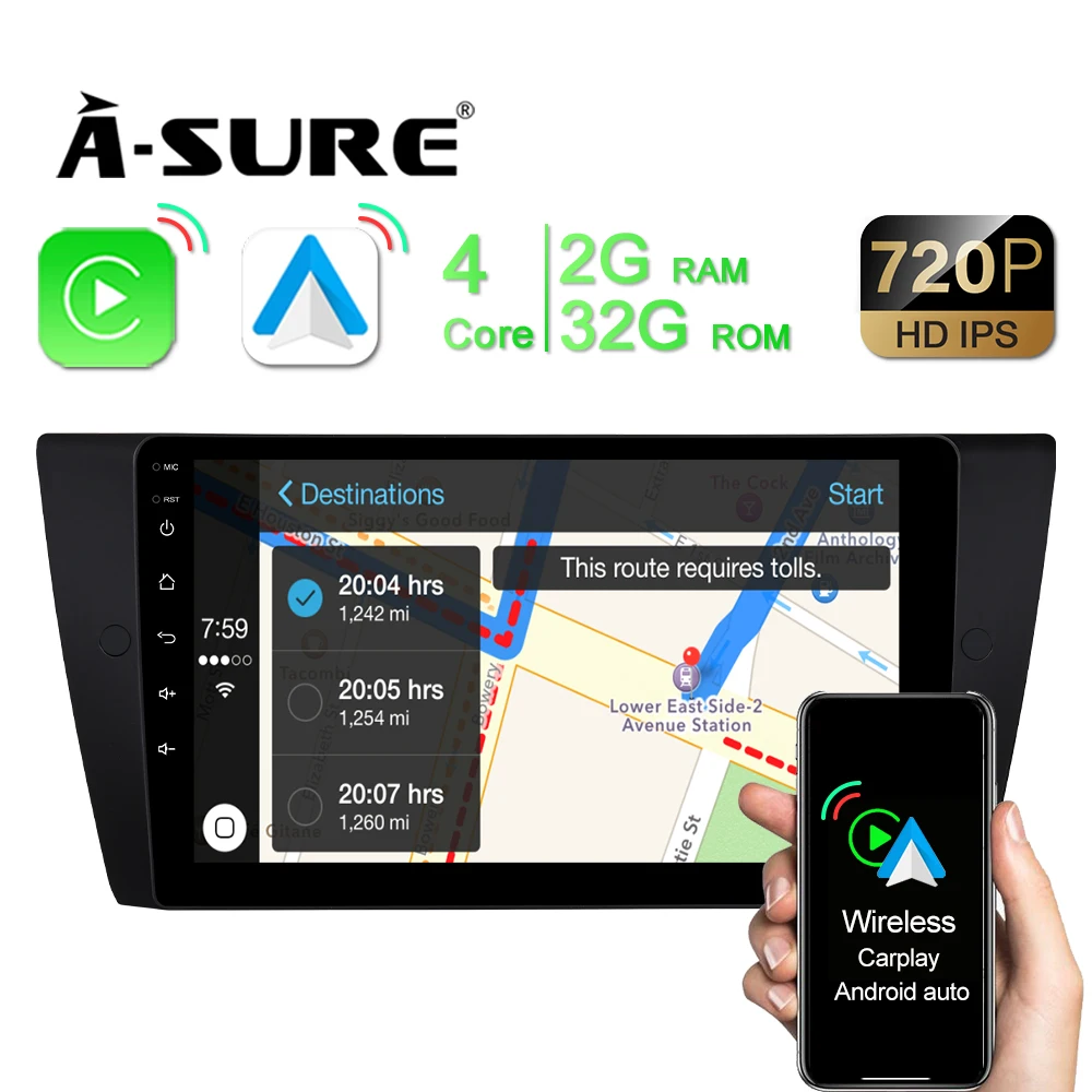 

A-Sure 1 Din Wireless CarPlay Android 10 Car Radio WIFI GPS Navigation For BMW E90 E91 E92 E93 2+32GB 4-Core 1280*720 IPS DSP