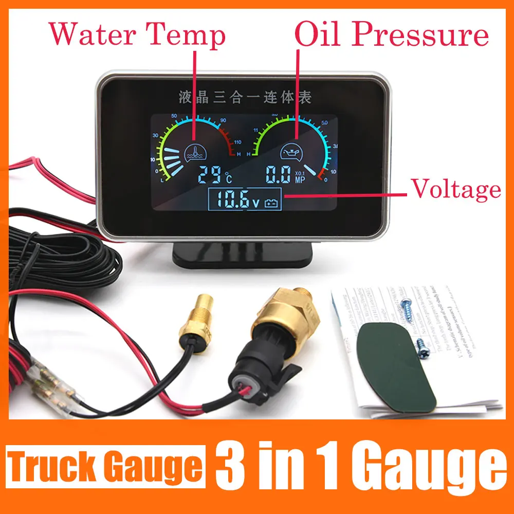 

/ Universal 3 in 1 Digital Truck Car gauge Water Temp Gauge Oil Pressure Meter Voltmeter 10mm 1/8 NPT Oil Press Sensor 12V