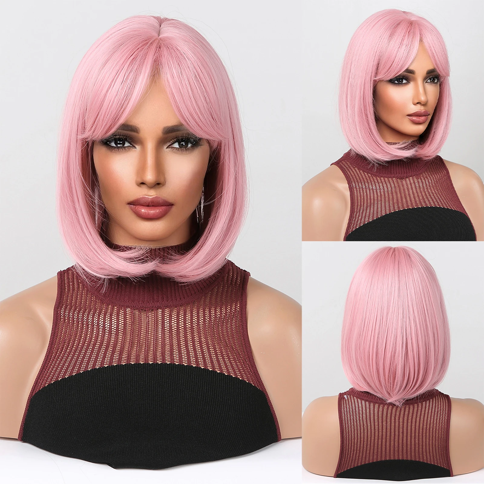 EASIHAIR Pink Wig with Bangs Short Straight Bob Synthetic Wigs Hair for Women Cosplay Party Colorful Costume Wigs Heat Resistant